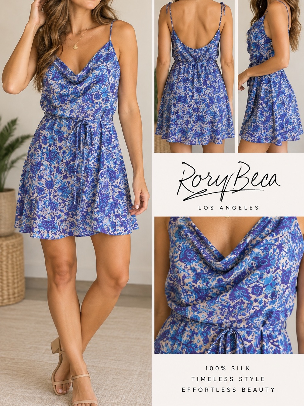 Rory Beca 100% Silk Dress Blue Purple Paisley Cowl Neck Tie Waist Size M